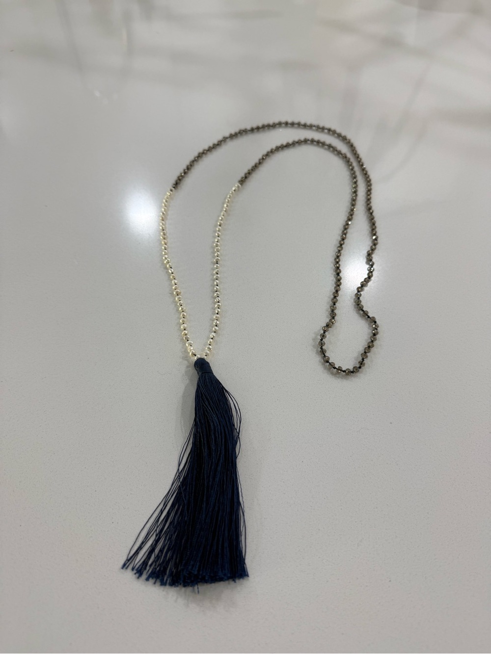 Blue Tassel Beaded Long Pendant Necklace Pearl Gray Boho Statement